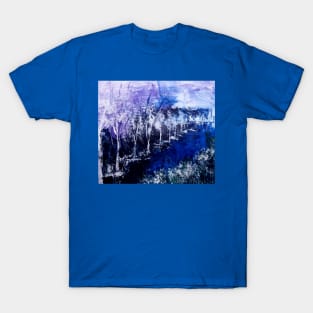 Purple blue and black with detailing of white semi abstract river scape painting T-Shirt